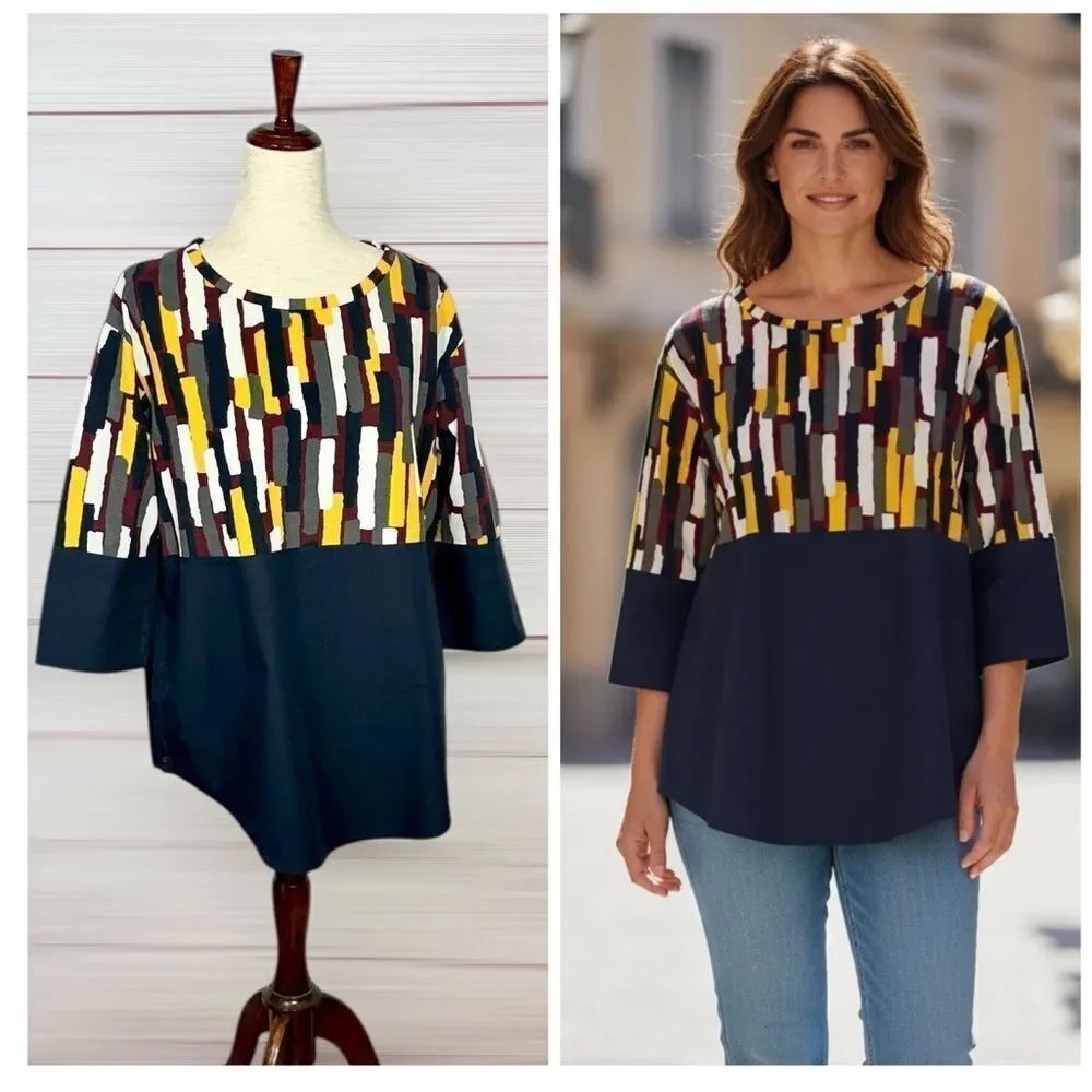 COS Oversized Top Blouse Tunic Navy Blue & Striped Colorblock 3/4 Sleeve size M